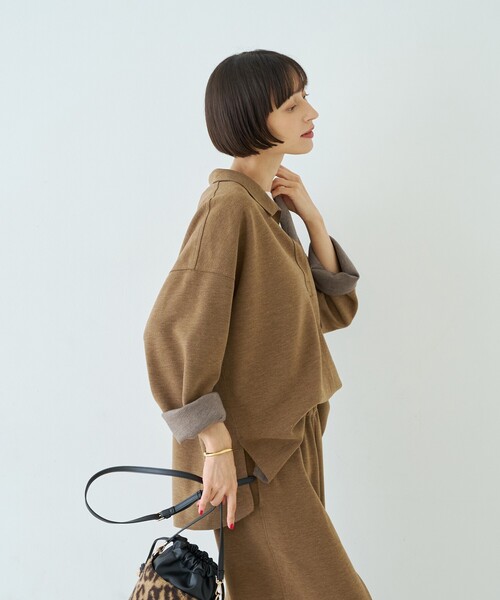 Rouge vif(ルージュヴィフ)の「【セットアップ対応】メランジダンボールプルオーバー / Vネックブラウス(シャツ/ブラウス・レディース・ブラウン/グレー・フリー)」の6枚目の写真