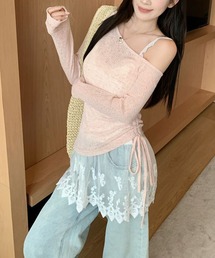 アシンメトリ―リボンアップ シアーテレコトップス × 幅広レース刺繍キャミソール アンサンブル