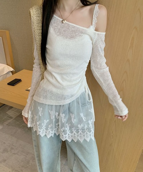 meJane(ミージェーン)の「アシンメトリ―リボンアップ シアーテレコトップス × 幅広レース刺繍キャミソール アンサンブル(アンサンブル・レディース・ベビーピンク/ミント/ホワイト・FREE)」の2枚目の写真