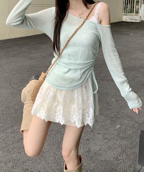 meJane(ミージェーン)の「アシンメトリ―リボンアップ シアーテレコトップス × 幅広レース刺繍キャミソール アンサンブル(アンサンブル・レディース・ベビーピンク/ミント/ホワイト・FREE)」の8枚目の写真