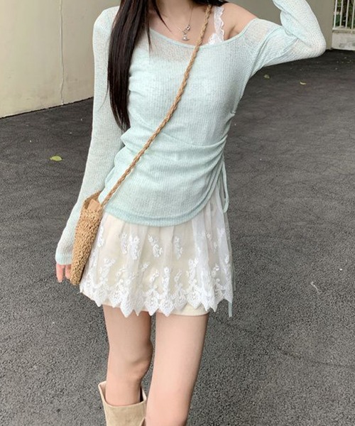 meJane(ミージェーン)の「アシンメトリ―リボンアップ シアーテレコトップス × 幅広レース刺繍キャミソール アンサンブル(アンサンブル・レディース・ベビーピンク/ミント/ホワイト・FREE)」の9枚目の写真