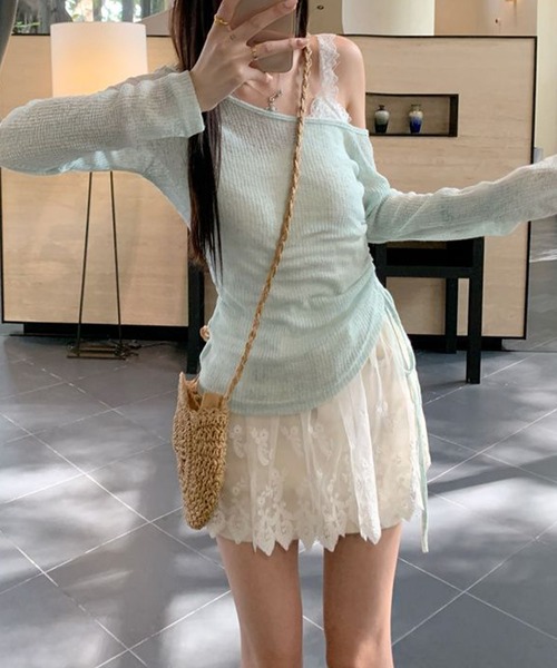 meJane(ミージェーン)の「アシンメトリ―リボンアップ シアーテレコトップス × 幅広レース刺繍キャミソール アンサンブル(アンサンブル・レディース・ベビーピンク/ミント/ホワイト・FREE)」の15枚目の写真
