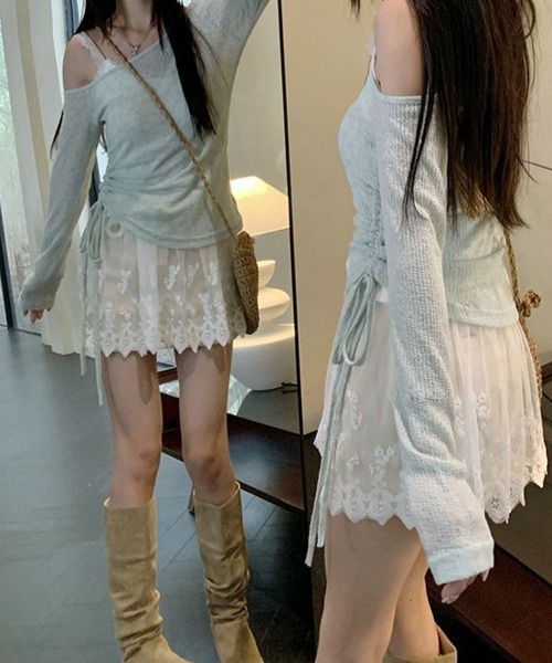 meJane(ミージェーン)の「アシンメトリ―リボンアップ シアーテレコトップス × 幅広レース刺繍キャミソール アンサンブル(アンサンブル・レディース・ベビーピンク/ミント/ホワイト・FREE)」の17枚目の写真