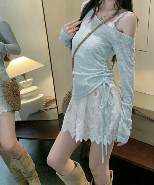 meJane(ミージェーン)の「アシンメトリ―リボンアップ シアーテレコトップス × 幅広レース刺繍キャミソール アンサンブル(アンサンブル・レディース・ベビーピンク/ミント/ホワイト・FREE)」の19枚目の写真