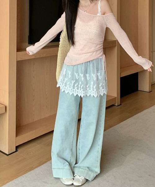 meJane(ミージェーン)の「アシンメトリ―リボンアップ シアーテレコトップス × 幅広レース刺繍キャミソール アンサンブル(アンサンブル・レディース・ベビーピンク/ミント/ホワイト・FREE)」の20枚目の写真
