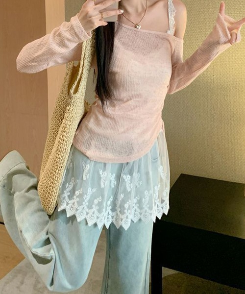 meJane(ミージェーン)の「アシンメトリ―リボンアップ シアーテレコトップス × 幅広レース刺繍キャミソール アンサンブル(アンサンブル・レディース・ベビーピンク/ミント/ホワイト・FREE)」の21枚目の写真