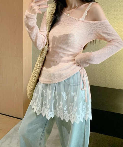 meJane(ミージェーン)の「アシンメトリ―リボンアップ シアーテレコトップス × 幅広レース刺繍キャミソール アンサンブル(アンサンブル・レディース・ベビーピンク/ミント/ホワイト・FREE)」の22枚目の写真
