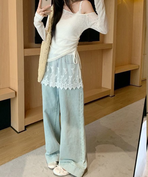 meJane(ミージェーン)の「アシンメトリ―リボンアップ シアーテレコトップス × 幅広レース刺繍キャミソール アンサンブル(アンサンブル・レディース・ベビーピンク/ミント/ホワイト・FREE)」の4枚目の写真