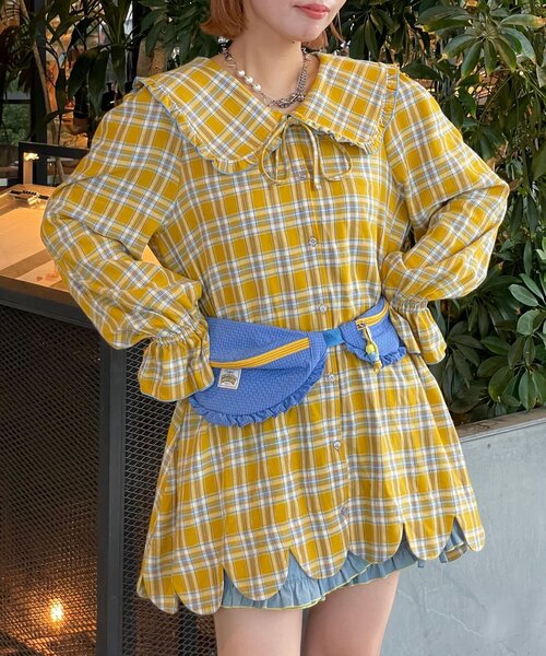 HELLO.SANFRANCISCO(ハローサンフランシスコ)の「【HELLO.SANFRANCISCO/ハローサンフランシスコ】チェックフリルビックカラーチュニック(シャツ/ブラウス・レディース・ブルー/イエロー・ONE SIZE)」の1枚目の写真