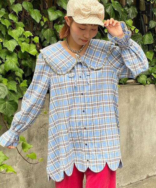 HELLO.SANFRANCISCO(ハローサンフランシスコ)の「【HELLO.SANFRANCISCO/ハローサンフランシスコ】チェックフリルビックカラーチュニック(シャツ/ブラウス・レディース・ブルー/イエロー・ONE SIZE)」の4枚目の写真