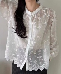 レーススタンドカラー刺繍長袖ブラウス