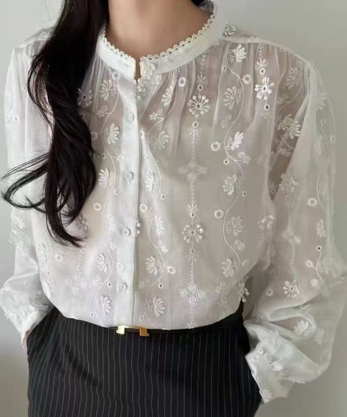 FLINEA（フリネア）の「レーススタンドカラー刺繍長袖ブラウス（シャツ/ブラウス・レディース・ホワイト/ベージュ・FREE）」の8枚目の写真