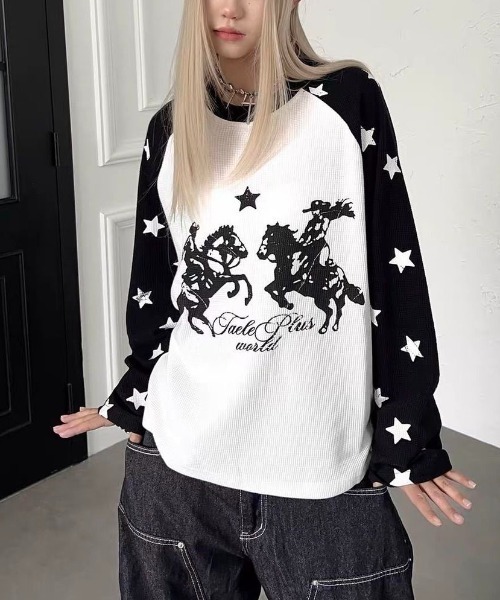 FreeZone(フリーゾーン)の「ウエスタンカウボーイプリント 星柄ラグランサーマルロング T(Tシャツ/カットソー・メンズ・ブラック/ブルー・F)」の1枚目の写真