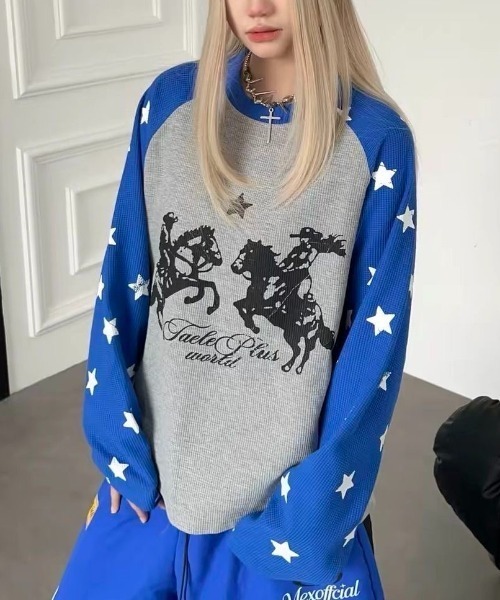 FreeZone(フリーゾーン)の「ウエスタンカウボーイプリント 星柄ラグランサーマルロング T(Tシャツ/カットソー・メンズ・ブラック/ブルー・F)」の11枚目の写真