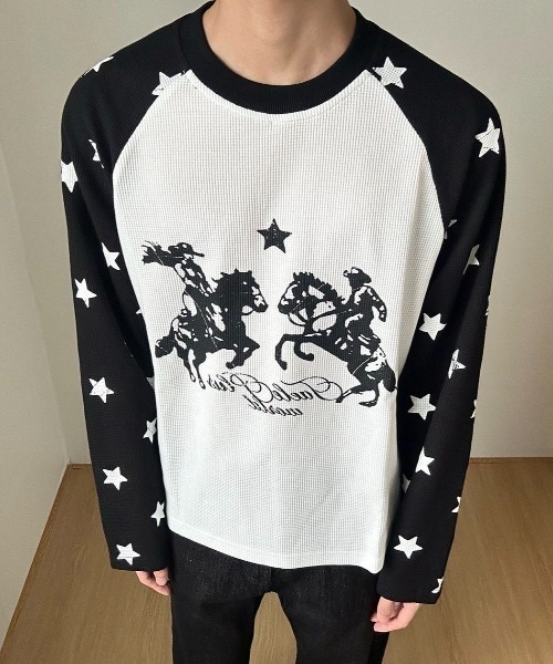FreeZone(フリーゾーン)の「ウエスタンカウボーイプリント 星柄ラグランサーマルロング T(Tシャツ/カットソー・メンズ・ブラック/ブルー・F)」の22枚目の写真