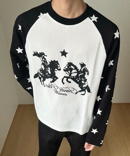 FreeZone(フリーゾーン)の「ウエスタンカウボーイプリント 星柄ラグランサーマルロング T(Tシャツ/カットソー・メンズ・ブラック/ブルー・F)」の21枚目の写真