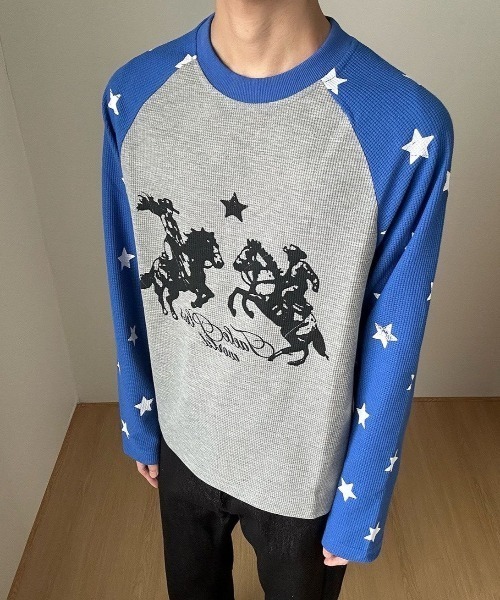 FreeZone(フリーゾーン)の「ウエスタンカウボーイプリント 星柄ラグランサーマルロング T(Tシャツ/カットソー・メンズ・ブラック/ブルー・F)」の20枚目の写真