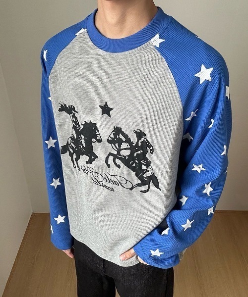 FreeZone(フリーゾーン)の「ウエスタンカウボーイプリント 星柄ラグランサーマルロング T(Tシャツ/カットソー・メンズ・ブラック/ブルー・F)」の19枚目の写真