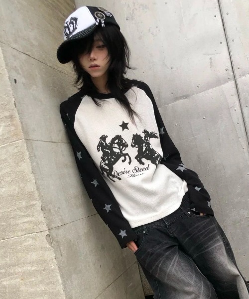 FreeZone(フリーゾーン)の「ウエスタンカウボーイプリント 星柄ラグランサーマルロング T(Tシャツ/カットソー・メンズ・ブラック/ブルー・F)」の5枚目の写真