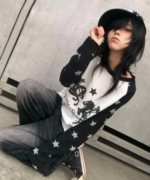 FreeZone(フリーゾーン)の「ウエスタンカウボーイプリント 星柄ラグランサーマルロング T(Tシャツ/カットソー・メンズ・ブラック/ブルー・F)」の4枚目の写真