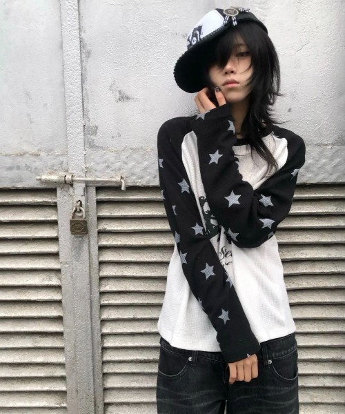 FreeZone(フリーゾーン)の「ウエスタンカウボーイプリント 星柄ラグランサーマルロング T(Tシャツ/カットソー・メンズ・ブラック/ブルー・F)」の3枚目の写真