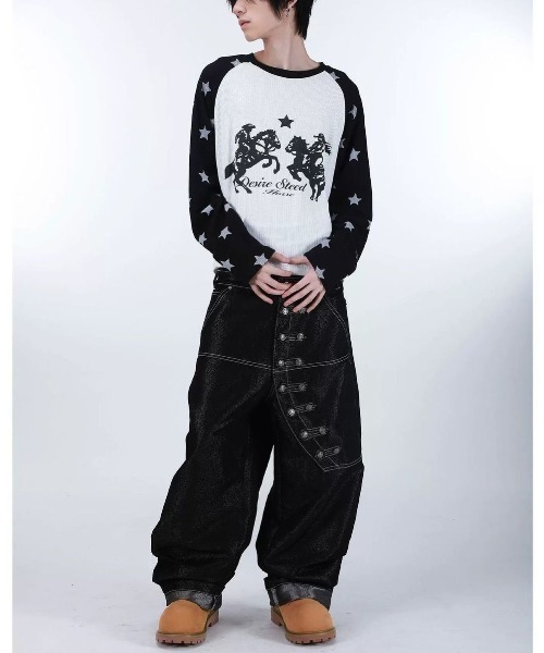 FreeZone(フリーゾーン)の「ウエスタンカウボーイプリント 星柄ラグランサーマルロング T(Tシャツ/カットソー・メンズ・ブラック/ブルー・F)」の17枚目の写真