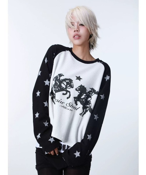 FreeZone(フリーゾーン)の「ウエスタンカウボーイプリント 星柄ラグランサーマルロング T(Tシャツ/カットソー・メンズ・ブラック/ブルー・F)」の16枚目の写真