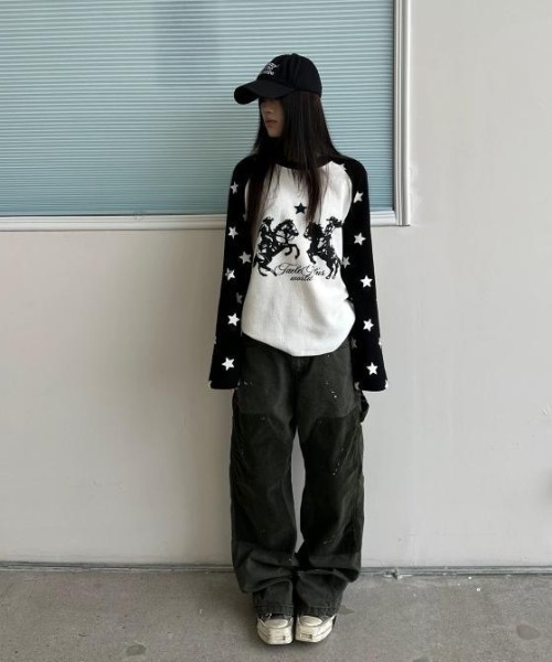 FreeZone(フリーゾーン)の「ウエスタンカウボーイプリント 星柄ラグランサーマルロング T(Tシャツ/カットソー・メンズ・ブラック/ブルー・F)」の13枚目の写真