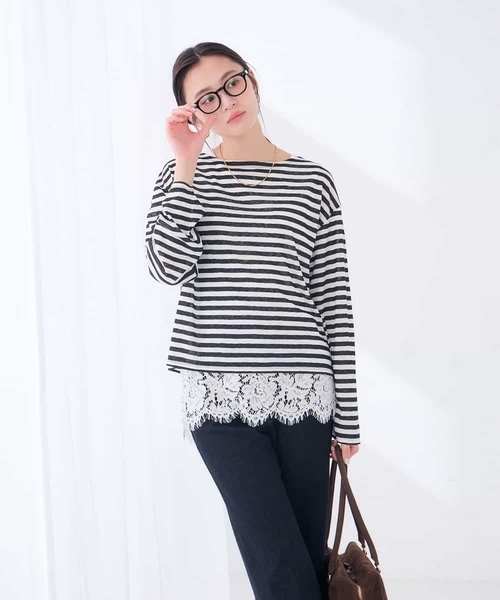 a.v.v（アーヴェヴェ）の「シアー ボーダー プルオーバー（Tシャツ/カットソー・レディース・アイボリー/モカ・39）」の3枚目の写真
