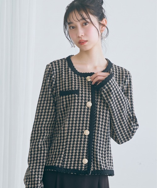 marun(マルン)の「<大きいサイズ>千鳥チェックジャガードジャケット風カーディガン marun(カーディガン/ボレロ・レディース・ブラック/ブラウン・5L/4L/3L/LL/L)」の1枚目の写真