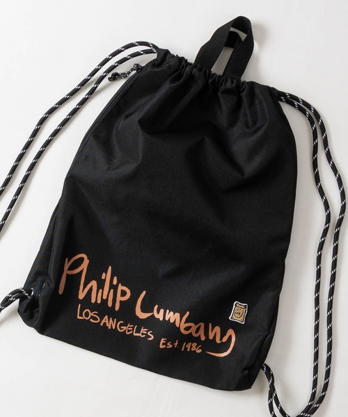 Philip Lumbang（フィリップランバン）の「【h】〔Philip Lumbang/フィリップランバン〕ロゴプリント ナップサック A4収納可能/無地/レオパード（バックパック/リュック・メンズ・ブラック系1/レオパード/ブラック系2・FREE）」の2枚目の写真