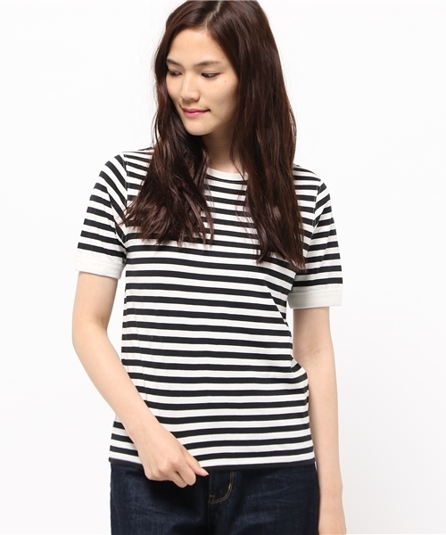 BEAMS BOY（ビームスボーイ）の「BEAMS BOY / 1cm ボーダー クルーショートスリーブ（Tシャツ/カットソー・レディース・ブラック/グリーン/ブルー/ネイビー・ONE SIZE）」の2枚目の写真