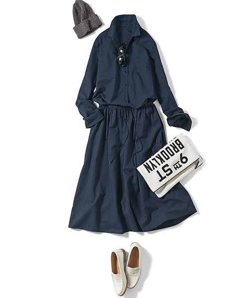 IEDIT（イディット）の「ミルブロウズ　ワンピースみたいに着られるコットンリネンのシャツ＆スカートセットアップ / シャツワンピース（シャツワンピース・レディース・ベージュ/ネイビー・XX-LARGE/LARGE/SMALL/MEDIUM/X-LARGE）」の8枚目の写真