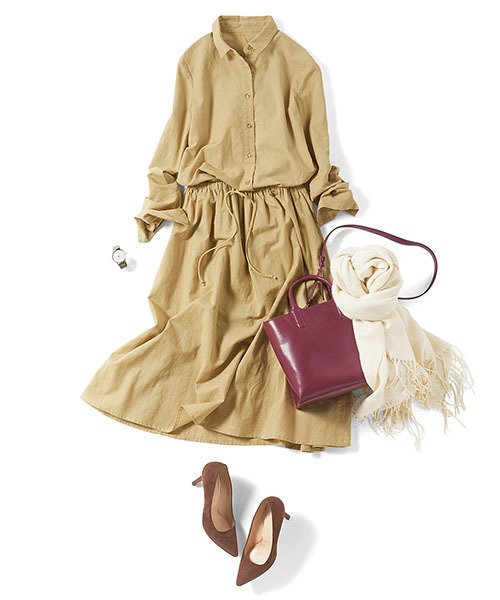 IEDIT（イディット）の「ミルブロウズ　ワンピースみたいに着られるコットンリネンのシャツ＆スカートセットアップ / シャツワンピース（シャツワンピース・レディース・ベージュ/ネイビー・XX-LARGE/LARGE/SMALL/MEDIUM/X-LARGE）」の9枚目の写真