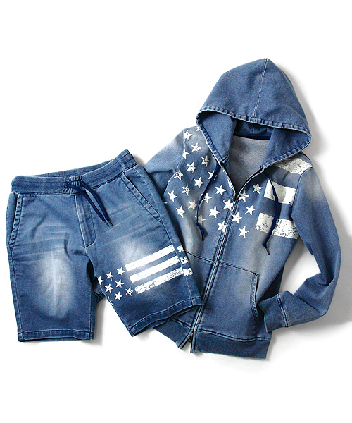 JACKROSE（ジャックローズ）の「ジョグデニムUSAフラッグセットアップ（パーカー・メンズ・サックスブルー/インディゴブルー・M/L）」の13枚目の写真