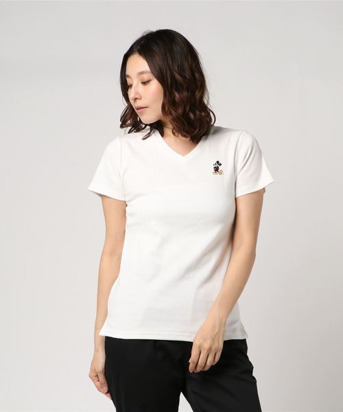 ディズニー セール ディズニー Law 半袖無地 ボーダーvネック刺繍tシャツ ミッキーマウス ミニーマウス Tシャツ カットソー Disney ディズニー のファッション オープンセール激安大特価