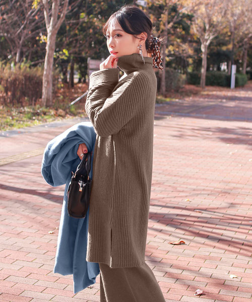 KOBE LETTUCE（コウベレタス）の「折返しデザインもっちりリブニットチュニック＊レディース/セーター/ワンピース[C3555]神戸レタス（ワンピース・レディース・ブラック/ブラウン/グレー/アイボリー・FREE）」の4枚目の写真