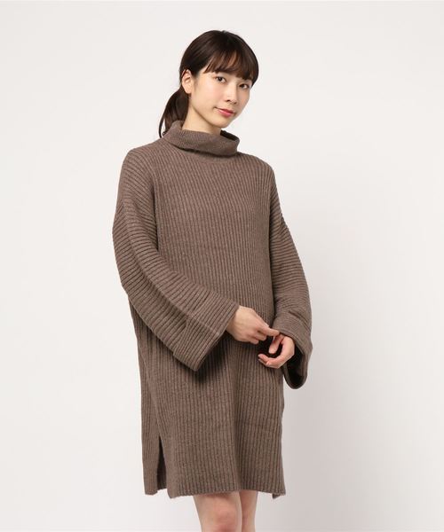 KOBE LETTUCE（コウベレタス）の「折返しデザインもっちりリブニットチュニック＊レディース/セーター/ワンピース[C3555]神戸レタス（ワンピース・レディース・ブラック/ブラウン/グレー/アイボリー・FREE）」の5枚目の写真