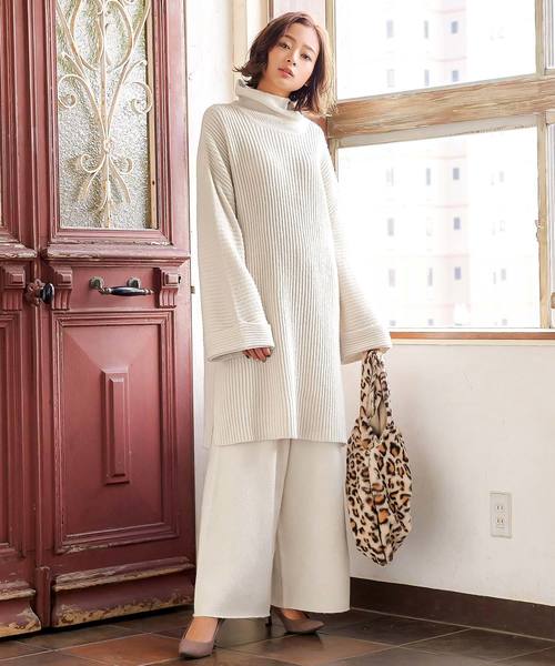 KOBE LETTUCE（コウベレタス）の「折返しデザインもっちりリブニットチュニック＊レディース/セーター/ワンピース[C3555]神戸レタス（ワンピース・レディース・ブラック/ブラウン/グレー/アイボリー・FREE）」の9枚目の写真
