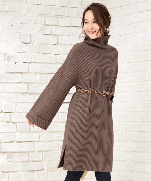 KOBE LETTUCE（コウベレタス）の「折返しデザインもっちりリブニットチュニック＊レディース/セーター/ワンピース[C3555]神戸レタス（ワンピース・レディース・ブラック/ブラウン/グレー/アイボリー・FREE）」の7枚目の写真