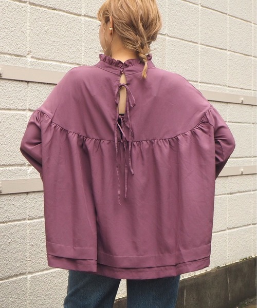 tiptop（ティップトップ）の「フリル衿リボンフレアブラウス（シャツ/ブラウス・レディース・ブラック/パープル/オフホワイト/グリーン・FREE）」の4枚目の写真