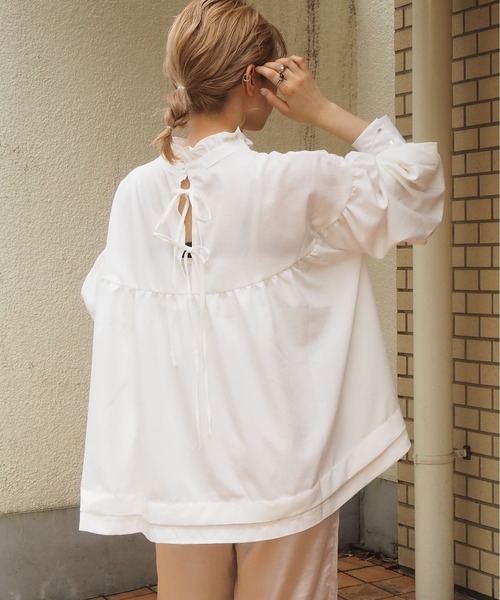 tiptop（ティップトップ）の「フリル衿リボンフレアブラウス（シャツ/ブラウス・レディース・ブラック/パープル/オフホワイト/グリーン・FREE）」の8枚目の写真