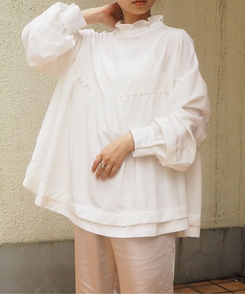 tiptop（ティップトップ）の「フリル衿リボンフレアブラウス（シャツ/ブラウス・レディース・ブラック/パープル/オフホワイト/グリーン・FREE）」の5枚目の写真