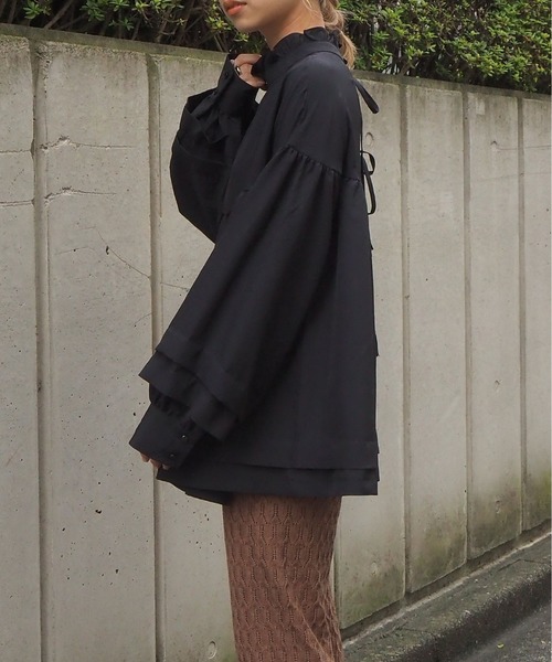 tiptop（ティップトップ）の「フリル衿リボンフレアブラウス（シャツ/ブラウス・レディース・ブラック/パープル/オフホワイト/グリーン・FREE）」の11枚目の写真