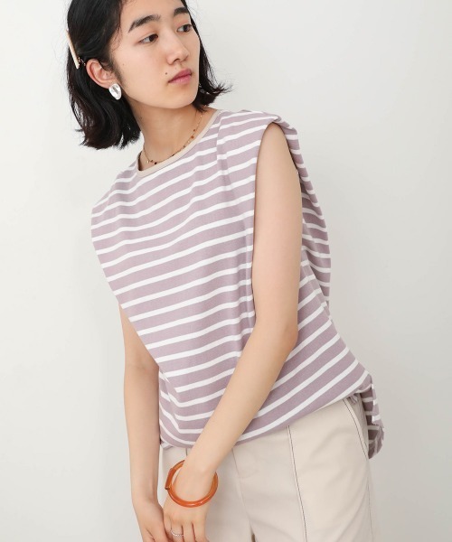 Bab(バブ)の「【WEB限定】配色パイピングボーダートップス(Tシャツ/カットソー・レディース・ラベンダー/ライトグリーン/カーキ/ブラウン/ネイビー・FREE)」の1枚目の写真