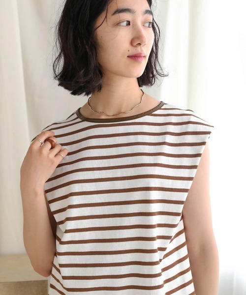 Bab(バブ)の「【WEB限定】配色パイピングボーダートップス(Tシャツ/カットソー・レディース・ラベンダー/ライトグリーン/カーキ/ブラウン/ネイビー・FREE)」の7枚目の写真