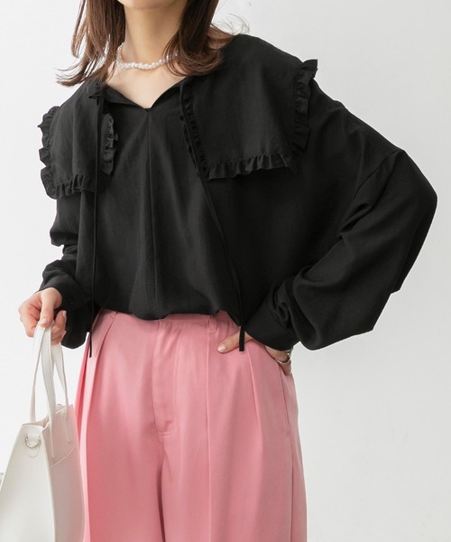 フリルスリーブのゴージャスなロングショール ブラック studio CLIP ブラウス シャツ 2WAYフリルカラーブラウス
