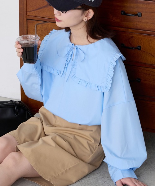 セール】ボリュームスリーブ 2way フリルビッグカラーブラウス（シャツ