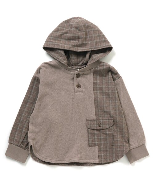 apres les cours(アプレレクール)の「チェックパッチワークパーカー(パーカー・キッズ・グレー/ブラウン・140/100/80/90/120/130/110)」の1枚目の写真