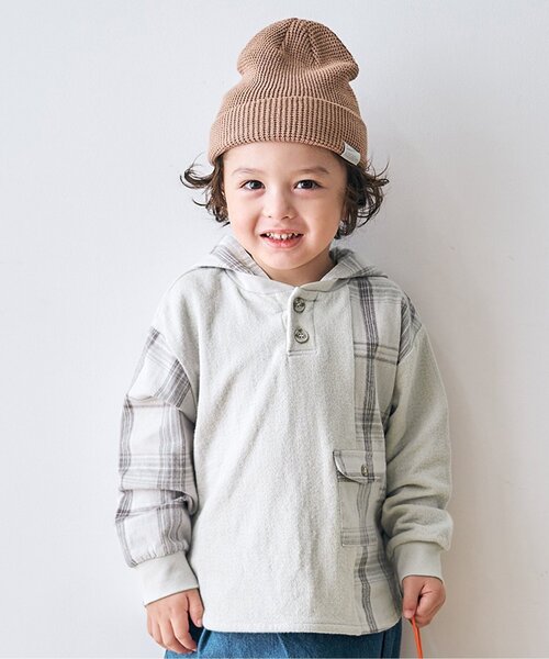 apres les cours(アプレレクール)の「チェックパッチワークパーカー(パーカー・キッズ・グレー/ブラウン・140/100/80/90/120/130/110)」の2枚目の写真